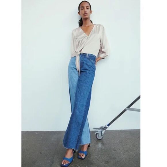 Zara Satin Effect Front Tie Knot Button Up Crop Top - Picture 3 of 9